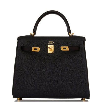 Hermes Kelly Retourne 25 Black Togo and Lizard Touch Gold Hardware