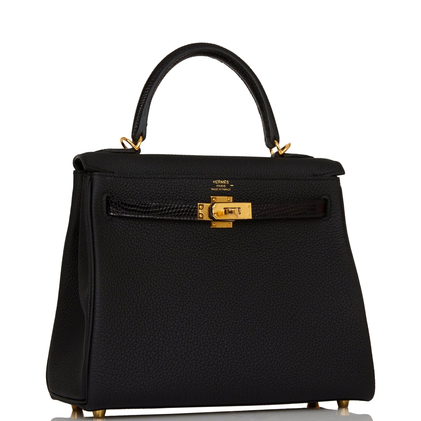 Hermes Kelly Retourne 25 Black Togo and Lizard Touch Gold Hardware