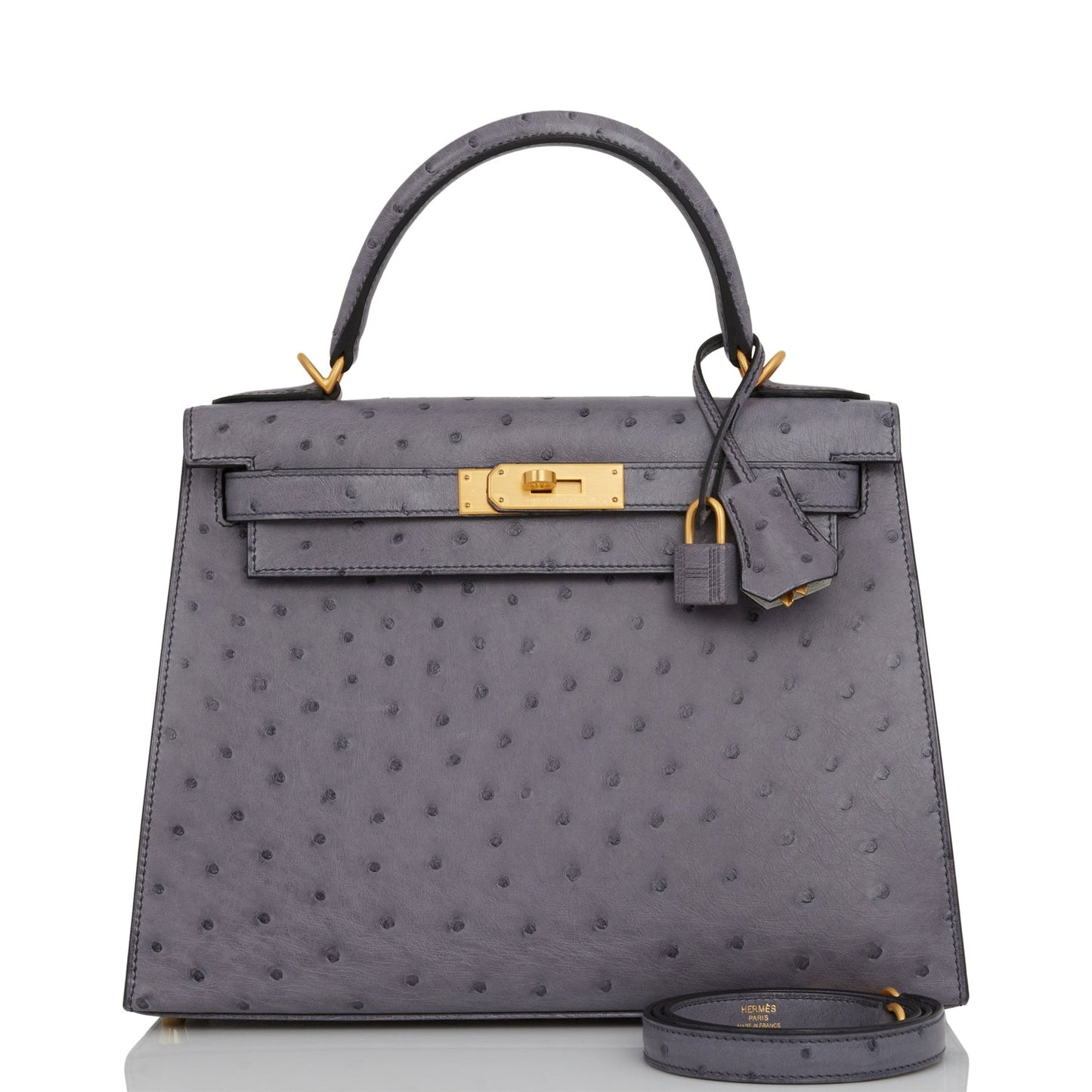 Hermes Special Order (HSS) Kelly Sellier 28 Gris Agate and Gris Perle Ostrich Brushed Gold Hardware