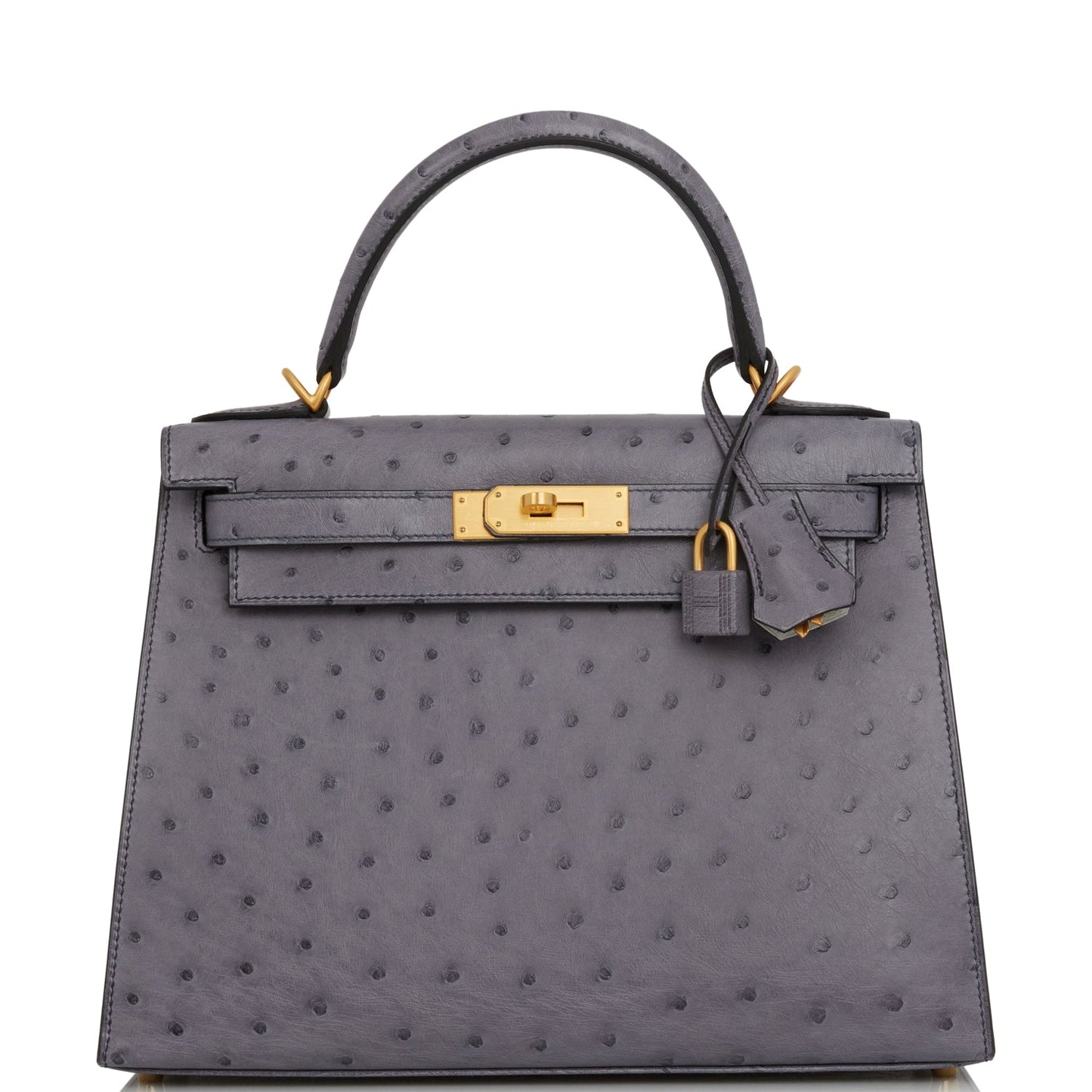 Hermes Special Order (HSS) Kelly Sellier 28 Gris Agate and Gris Perle Ostrich Brushed Gold Hardware