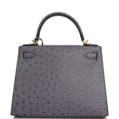 Hermes Special Order (HSS) Kelly Sellier 28 Gris Agate and Gris Perle Ostrich Brushed Gold Hardware