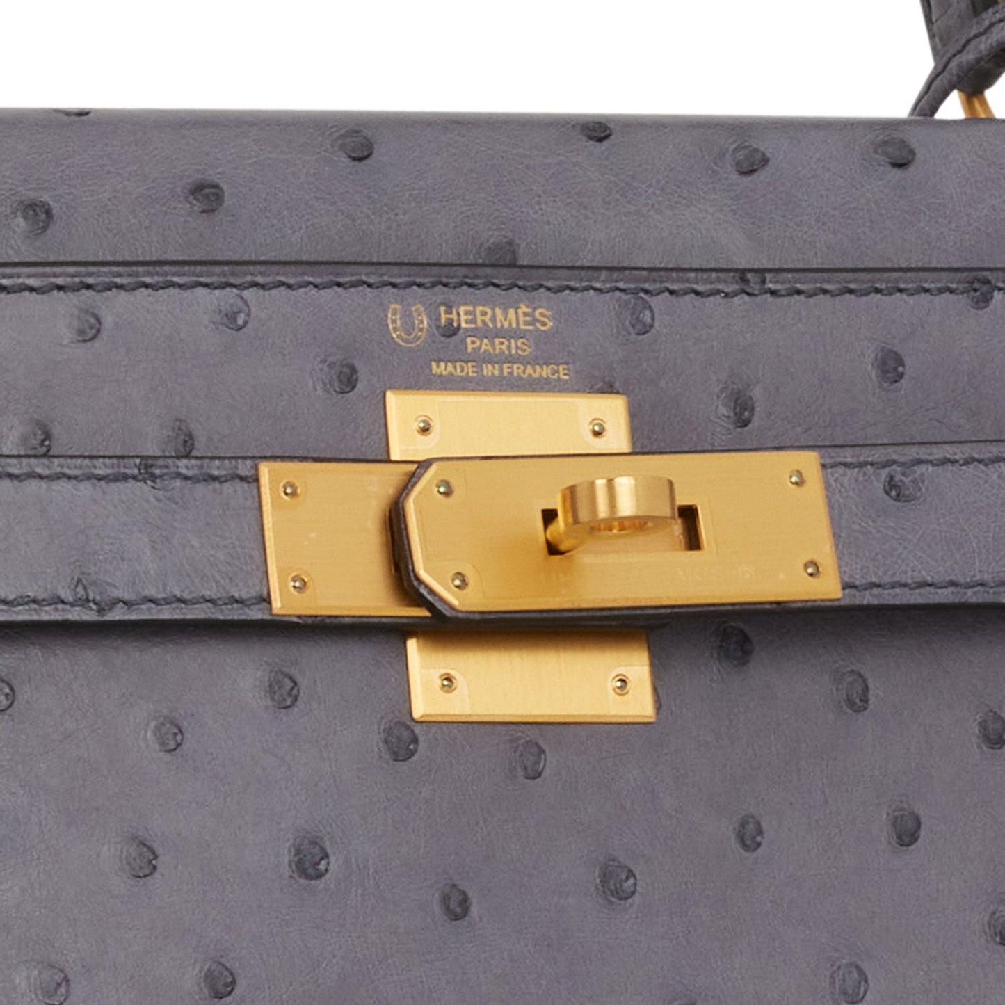 Hermes Special Order (HSS) Kelly Sellier 28 Gris Agate and Gris Perle Ostrich Brushed Gold Hardware