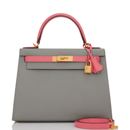 Hermes Special Order (HSS) Kelly Sellier 28 Gris Mouette and Rose Azalee Epsom Brushed Gold Hardware