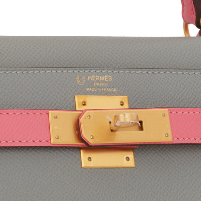 Hermes Special Order (HSS) Kelly Sellier 28 Gris Mouette and Rose Azalee Epsom Brushed Gold Hardware