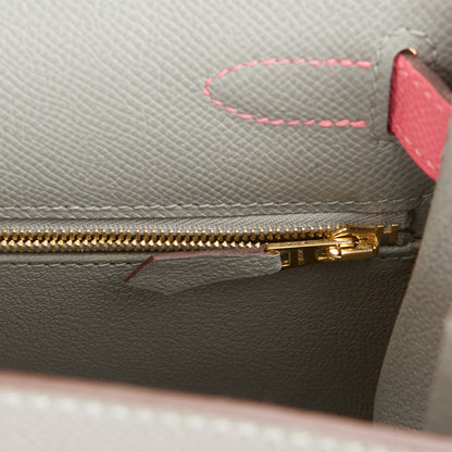 Hermes Special Order (HSS) Kelly Sellier 28 Gris Mouette and Rose Azalee Epsom Brushed Gold Hardware