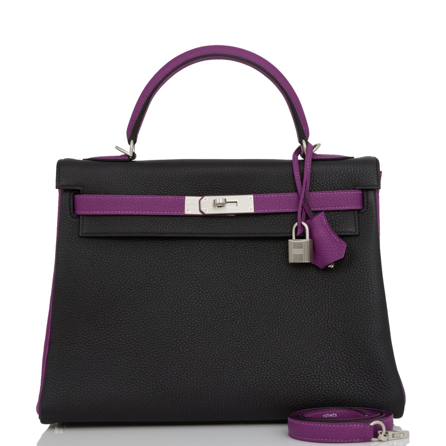 Hermes Special Order (HSS) Kelly Retourne 32 Black and Anemone Togo Brushed Palladium Hardware