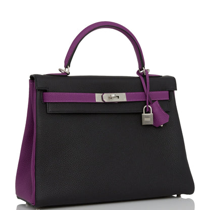 Hermes Special Order (HSS) Kelly Retourne 32 Black and Anemone Togo Brushed Palladium Hardware