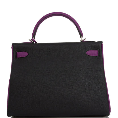 Hermes Special Order (HSS) Kelly Retourne 32 Black and Anemone Togo Brushed Palladium Hardware