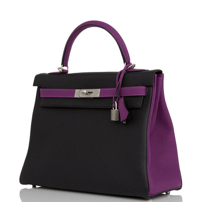 Hermes Special Order (HSS) Kelly Retourne 32 Black and Anemone Togo Brushed Palladium Hardware