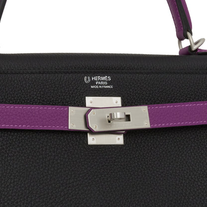 Hermes Special Order (HSS) Kelly Retourne 32 Black and Anemone Togo Brushed Palladium Hardware