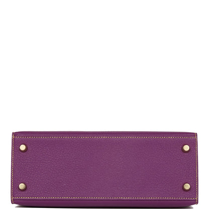 Hermes Special Order (HSS) Kelly Sellier 25 Anemone and Lime Chevre Brushed Gold Hardware