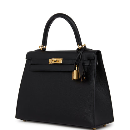 Hermes Kelly Sellier 25 Black Epsom Gold Hardware