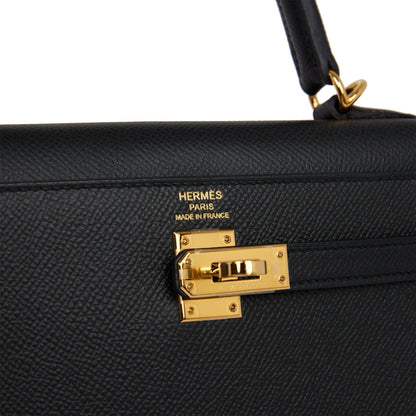 Hermes Kelly Sellier 25 Black Epsom Gold Hardware