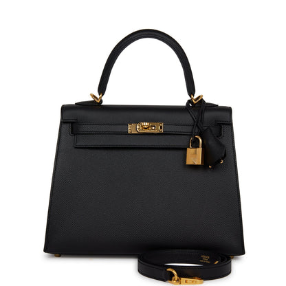 Hermes Kelly Sellier 25 Black Epsom Gold Hardware