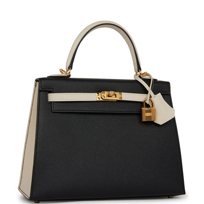 Hermes Special Order (HSS) Kelly Sellier 25 Black and Nata Epsom Permabrass Hardware