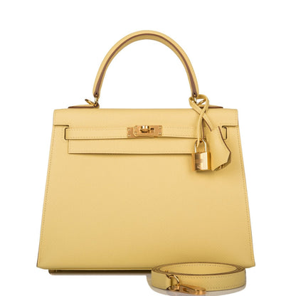 Hermes Kelly Sellier 25 Jaune Poussin Epsom Gold Hardware