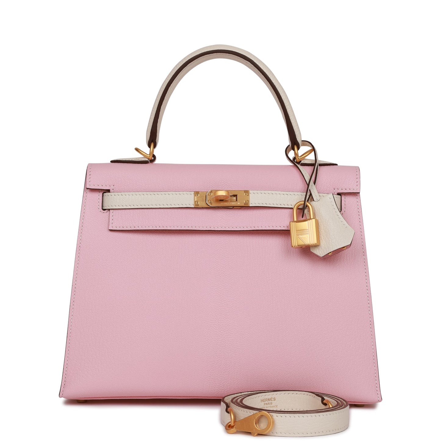 Hermes Special Order (HSS) Kelly Sellier 25 Rose Sakura and Nata Chevre Brushed Gold Hardware