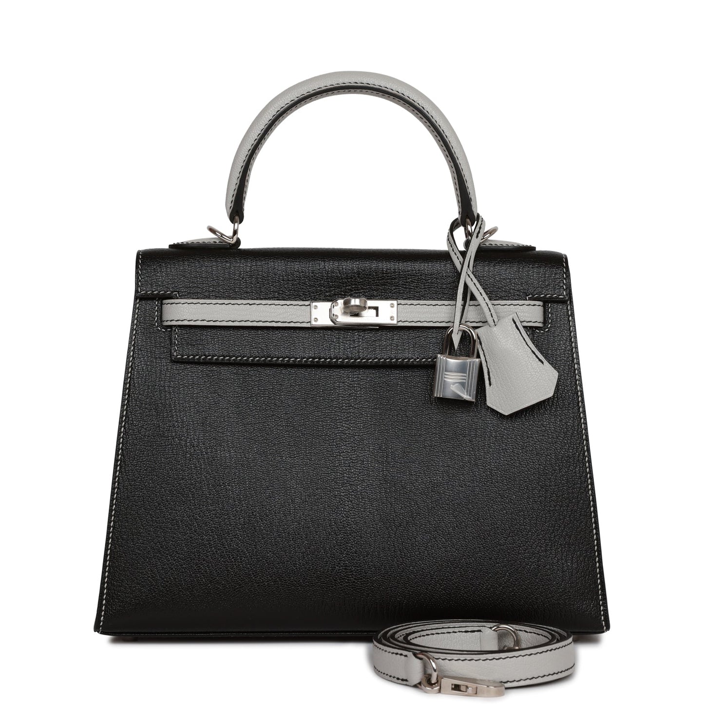 Hermes Special Order (HSS) Kelly Sellier 25 Black and Gris Perle Chevre Palladium Hardware