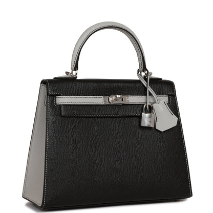 Hermes Special Order (HSS) Kelly Sellier 25 Black and Gris Perle Chevre Palladium Hardware