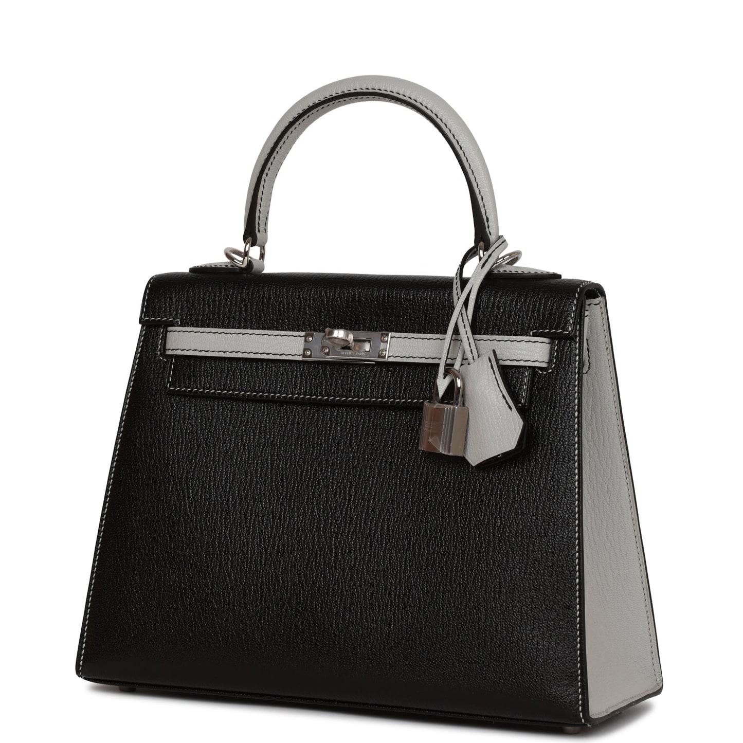 Hermes Special Order (HSS) Kelly Sellier 25 Black and Gris Perle Chevre Palladium Hardware