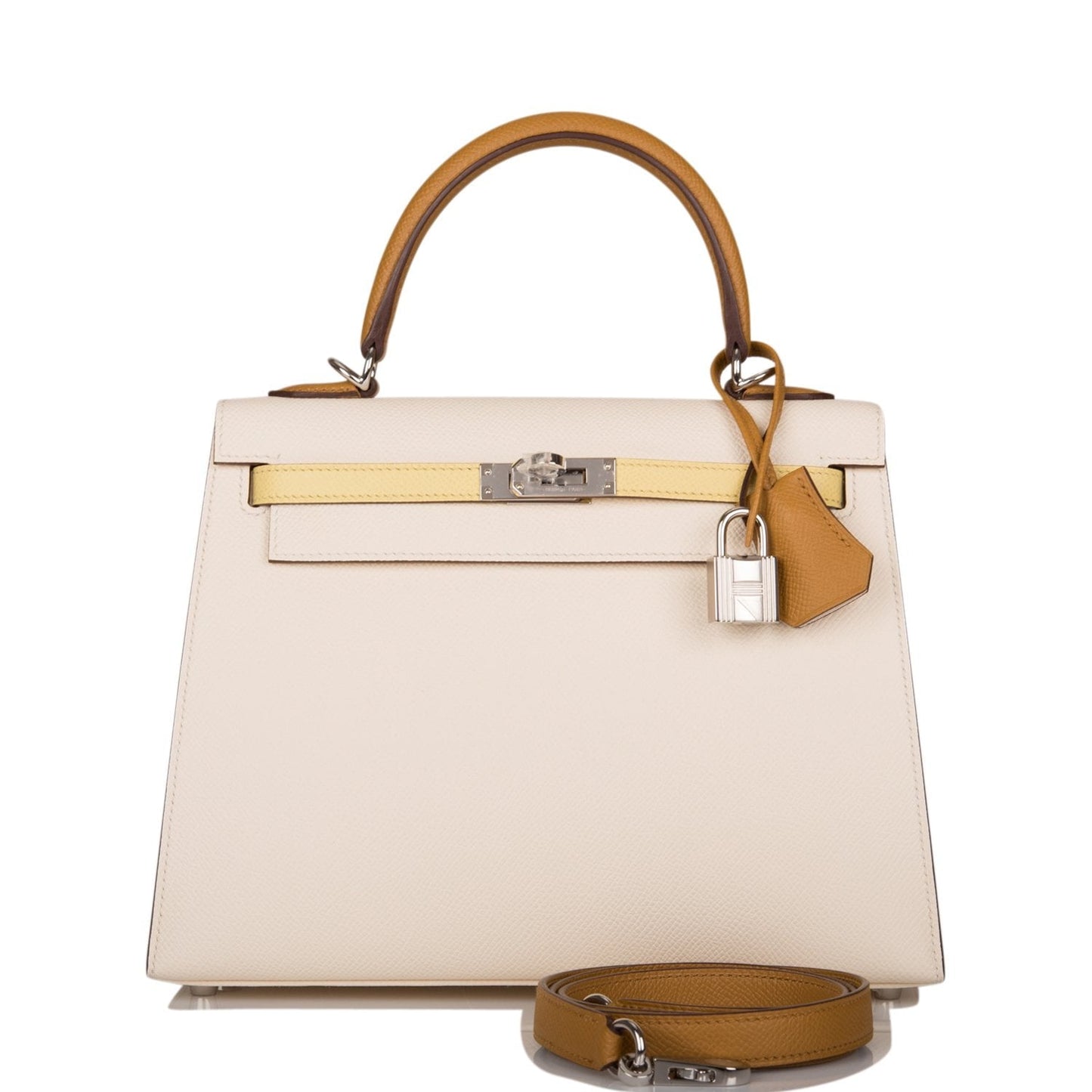 Hermes Kelly Sellier 25 Tri-Color Nata, Jaune Poussin and Sesame Epsom Palladium Hardware