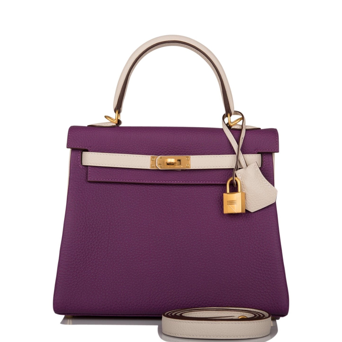 Hermes Special Order (HSS) Kelly Retourne 25 Anemone and Craie Togo Brushed Gold Hardware