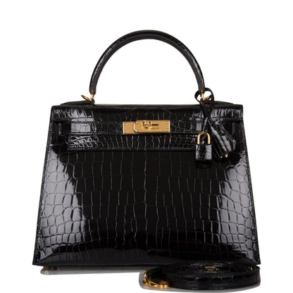 Hermes Kelly Sellier 28 Black Shiny Niloticus Crocodile Gold Hardware