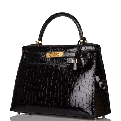 Hermes Kelly Sellier 28 Black Shiny Niloticus Crocodile Gold Hardware