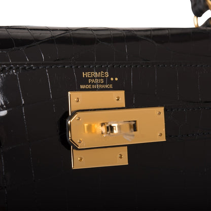 Hermes Kelly Sellier 28 Black Shiny Niloticus Crocodile Gold Hardware