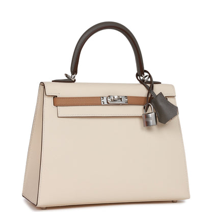 Hermes Kelly Sellier 25 Tri-Color Nata, Chai and Gris Meyer Epsom Palladium Hardware