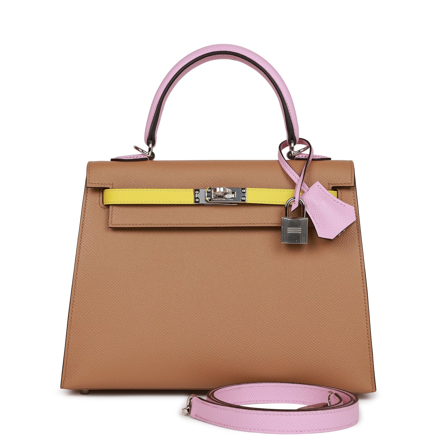 Hermes Kelly Sellier 25 Tri-Color Chai, Lime and Mauve Sylvestre Epsom Palladium Hardware