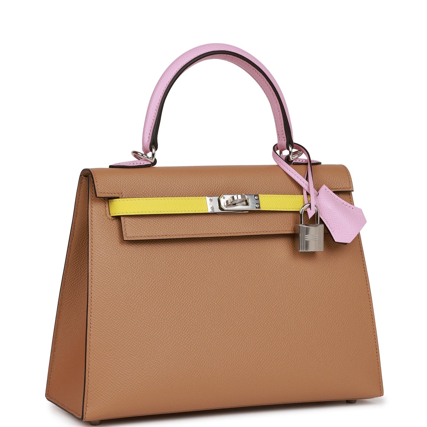 Hermes Kelly Sellier 25 Tri-Color Chai, Lime and Mauve Sylvestre Epsom Palladium Hardware