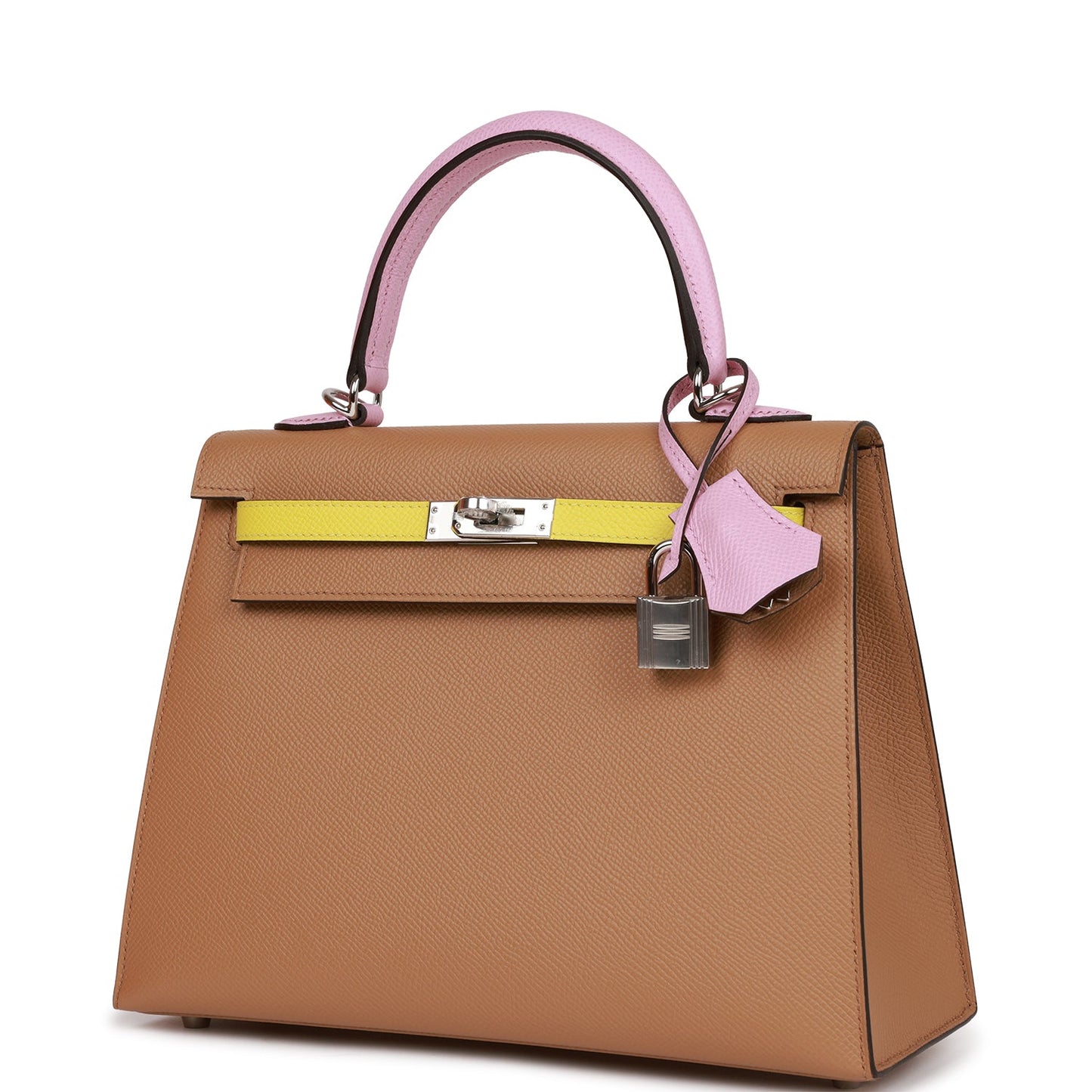 Hermes Kelly Sellier 25 Tri-Color Chai, Lime and Mauve Sylvestre Epsom Palladium Hardware