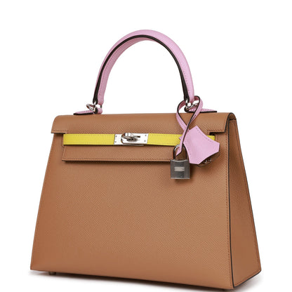 Hermes Kelly Sellier 25 Tri-Color Chai, Lime and Mauve Sylvestre Epsom Palladium Hardware