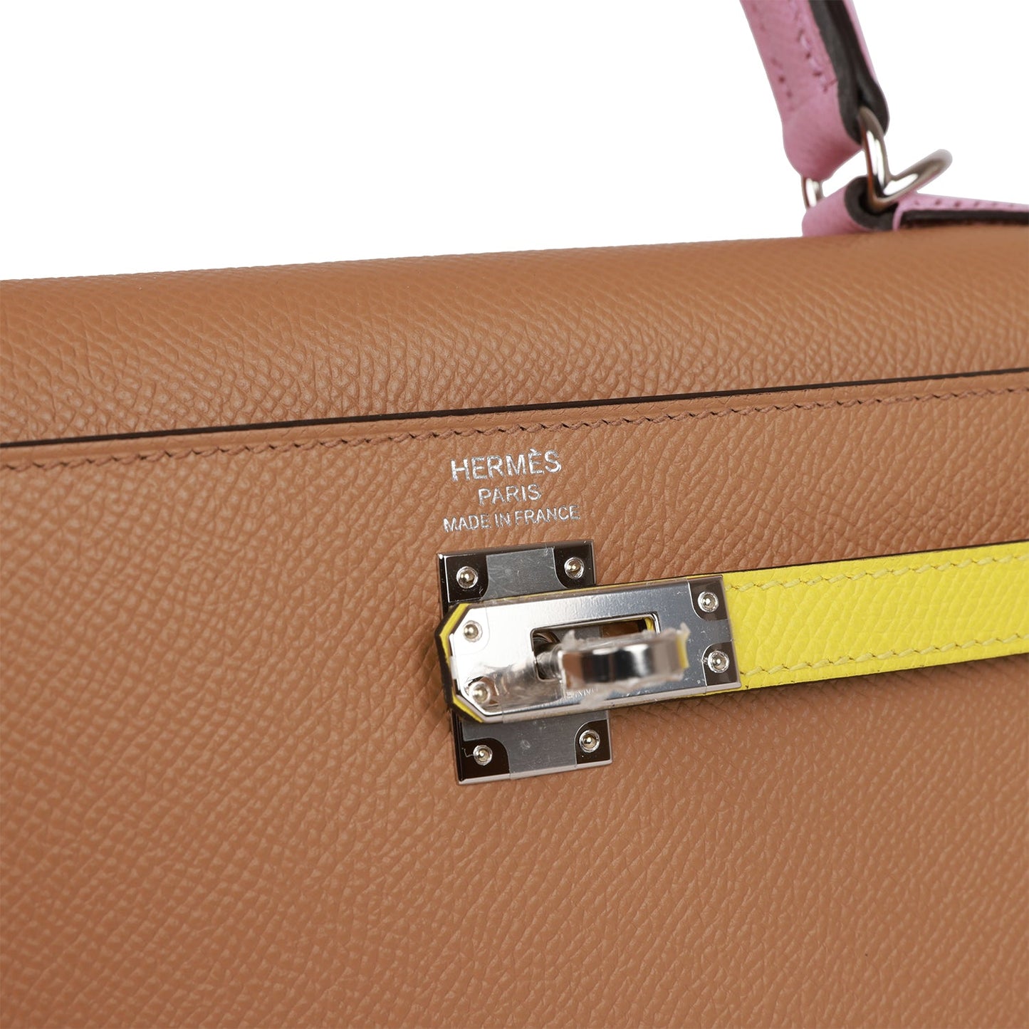 Hermes Kelly Sellier 25 Tri-Color Chai, Lime and Mauve Sylvestre Epsom Palladium Hardware