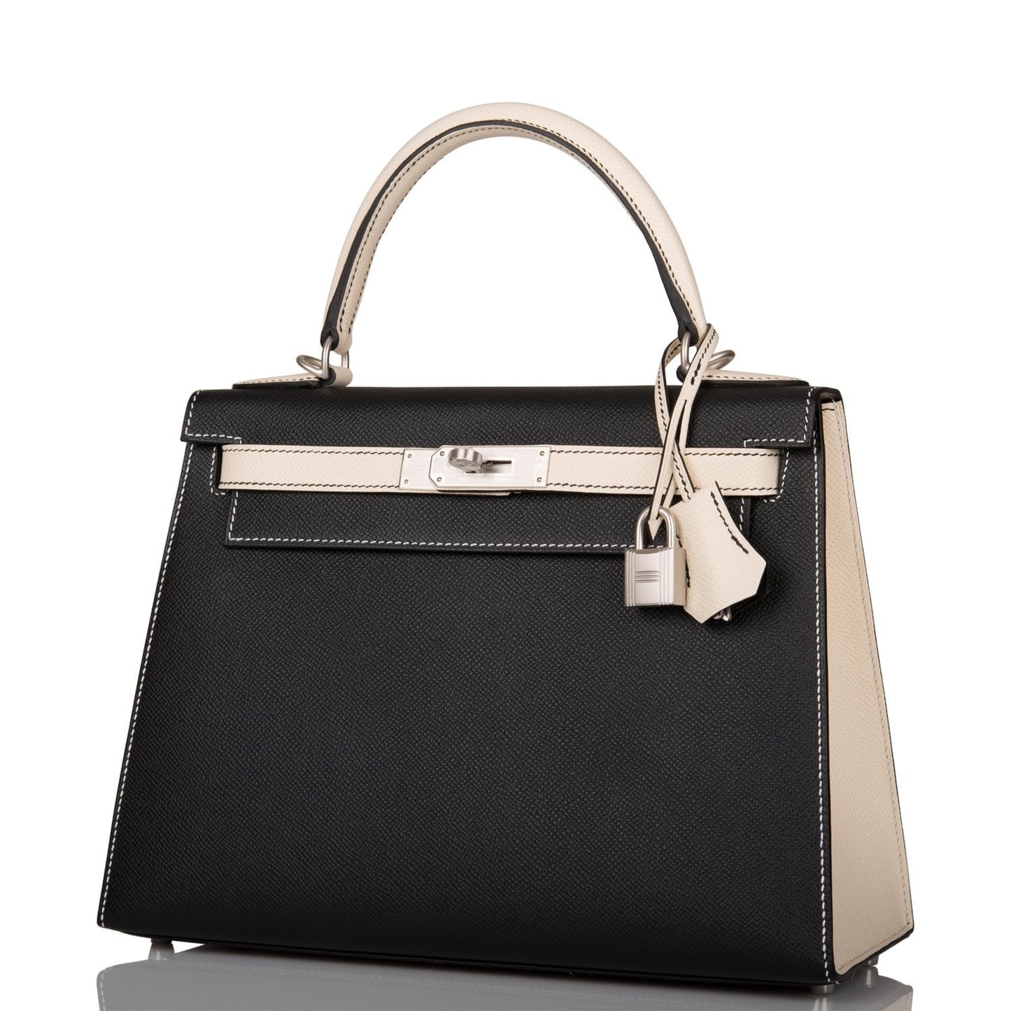 Hermes Special Order (HSS) Kelly Sellier 28 Black and Craie Epsom Brushed Palladium Hardware