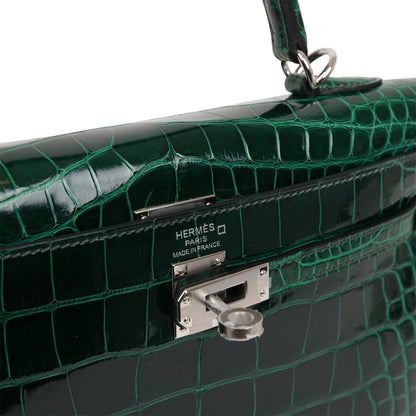 Hermes Kelly Sellier 25 Vert Fonce Shiny Alligator Palladium Hardware