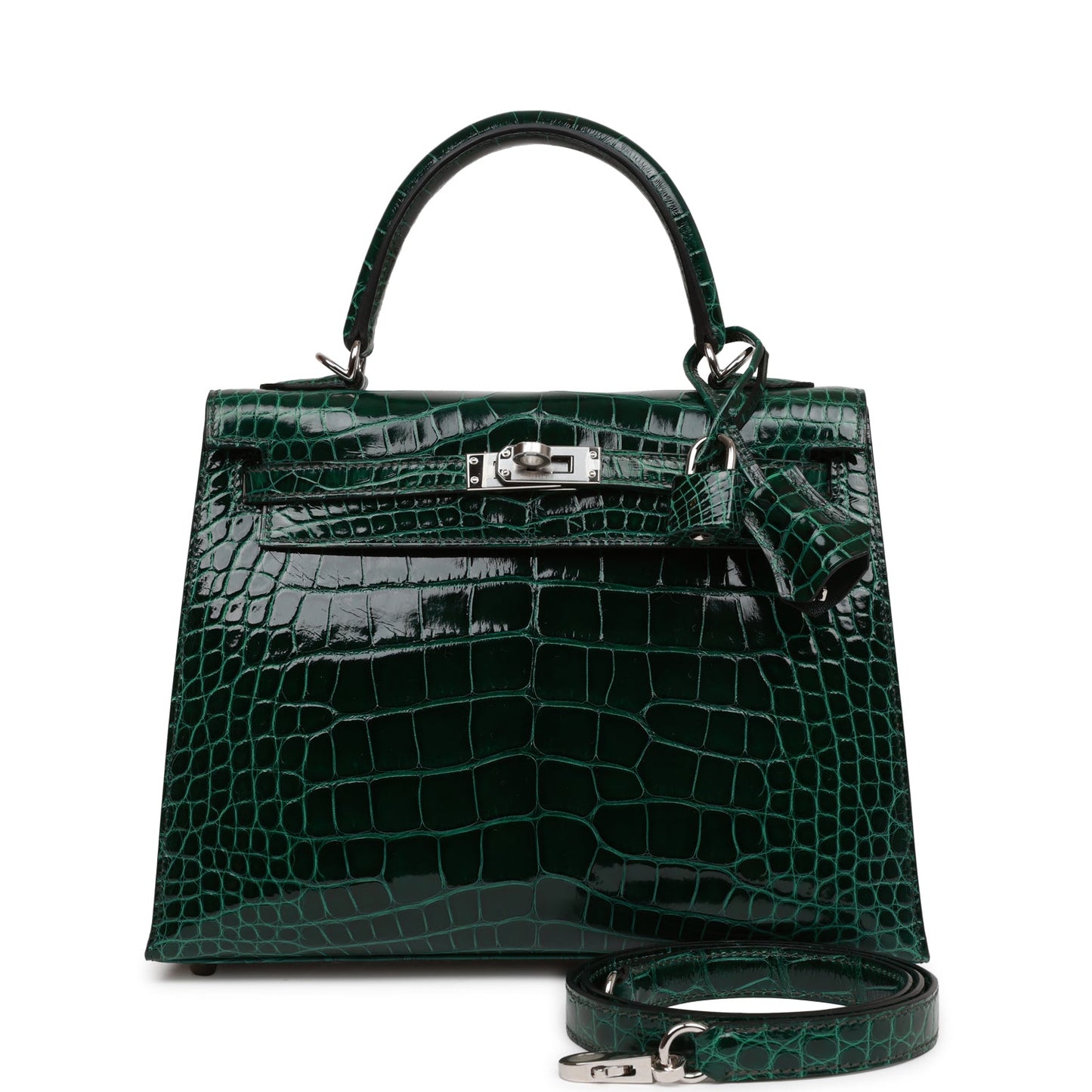 Hermes Kelly Sellier 25 Vert Fonce Shiny Alligator Palladium Hardware