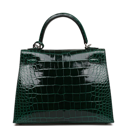 Hermes Kelly Sellier 25 Vert Fonce Shiny Alligator Palladium Hardware