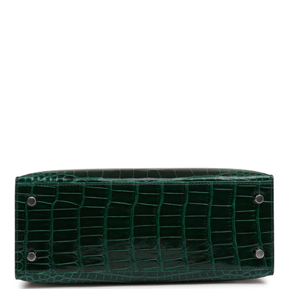 Hermes Kelly Sellier 25 Vert Fonce Shiny Alligator Palladium Hardware