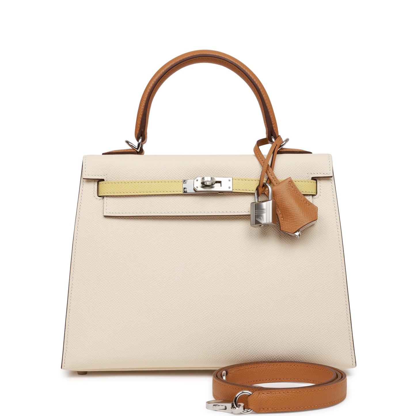 Hermes Kelly Sellier 25 Tri-Color Nata, Jaune Poussin and Sesame Epsom Palladium Hardware