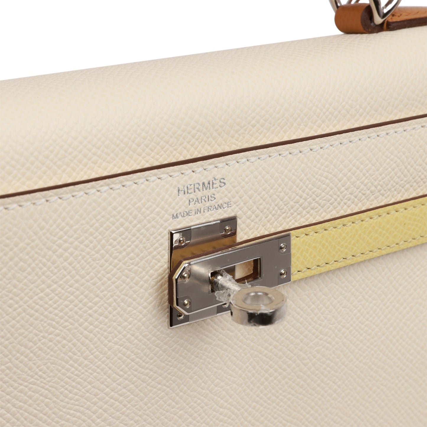 Hermes Kelly Sellier 25 Tri-Color Nata, Jaune Poussin and Sesame Epsom Palladium Hardware