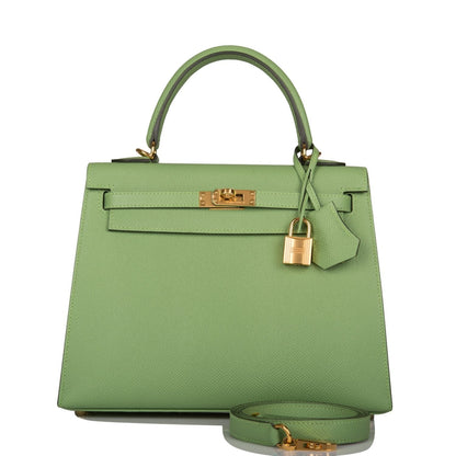 Hermes Kelly Sellier 25 Vert Criquet Epsom Gold Hardware