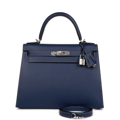 Hermes Special Order (HSS) Kelly Sellier 28 Bleu Indigo Epsom Palladium Hardware