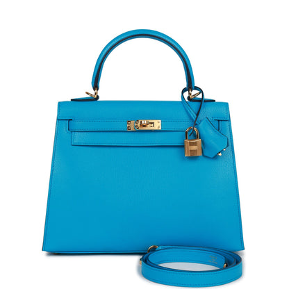 Hermes Kelly Sellier 25 Bleu Frida Chevre Gold Hardware