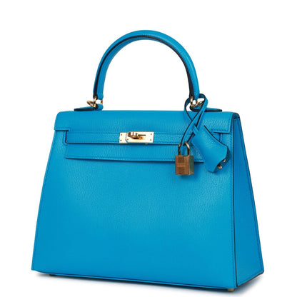 Hermes Kelly Sellier 25 Bleu Frida Chevre Gold Hardware