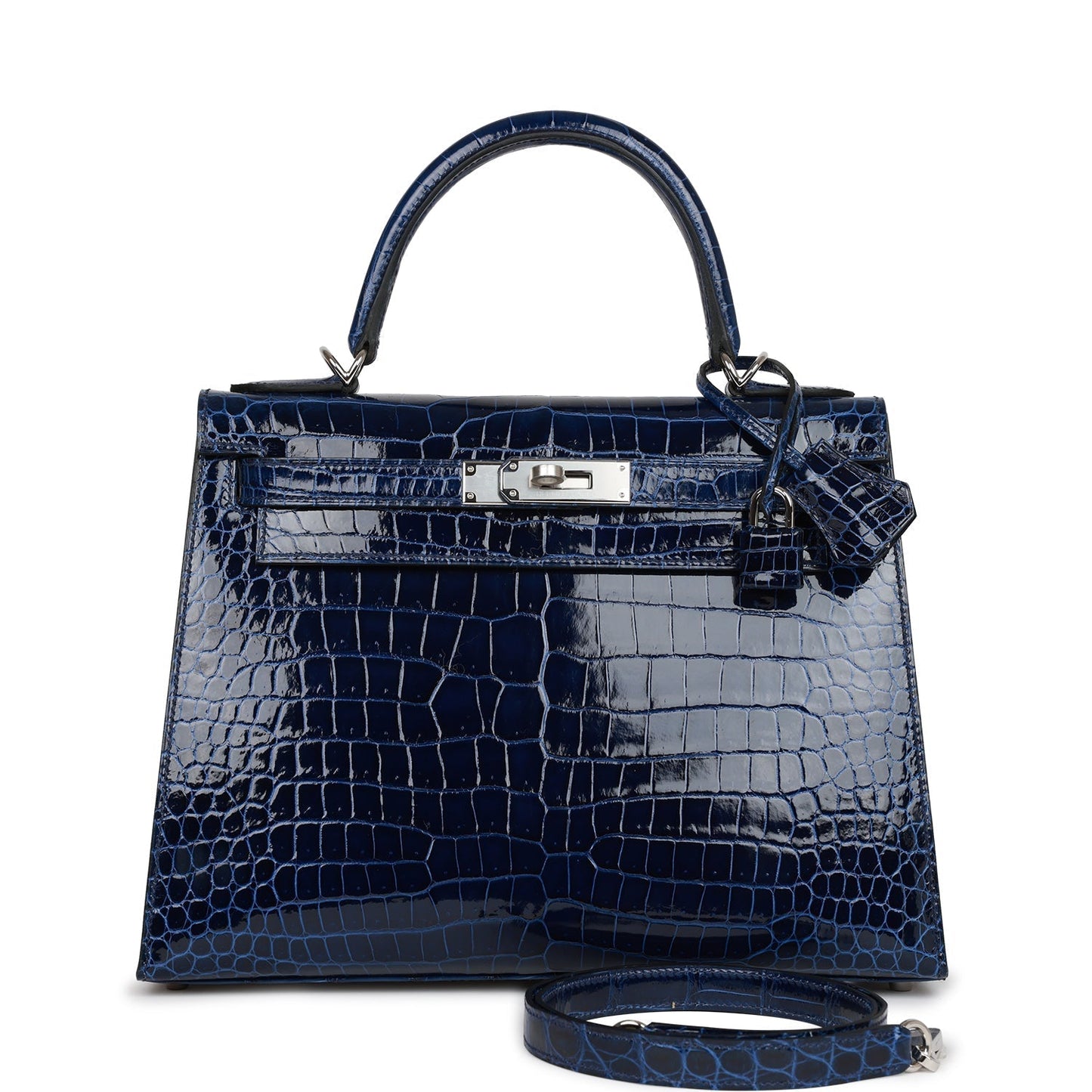 Hermes Kelly Sellier 28 Bleu Saphir Shiny Porosus Crocodile Palladium Hardware