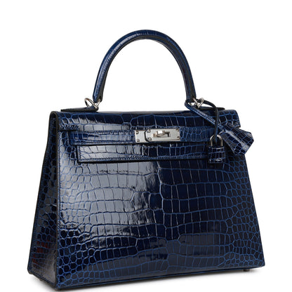 Hermes Kelly Sellier 28 Bleu Saphir Shiny Porosus Crocodile Palladium Hardware