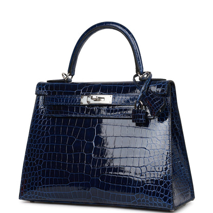 Hermes Kelly Sellier 28 Bleu Saphir Shiny Porosus Crocodile Palladium Hardware