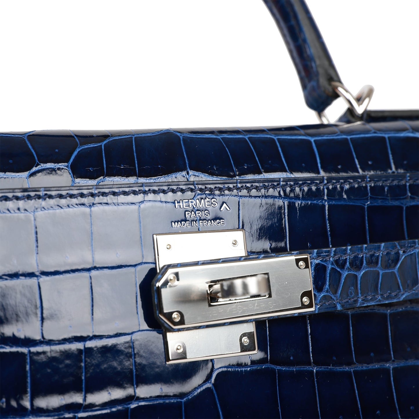 Hermes Kelly Sellier 28 Bleu Saphir Shiny Porosus Crocodile Palladium Hardware